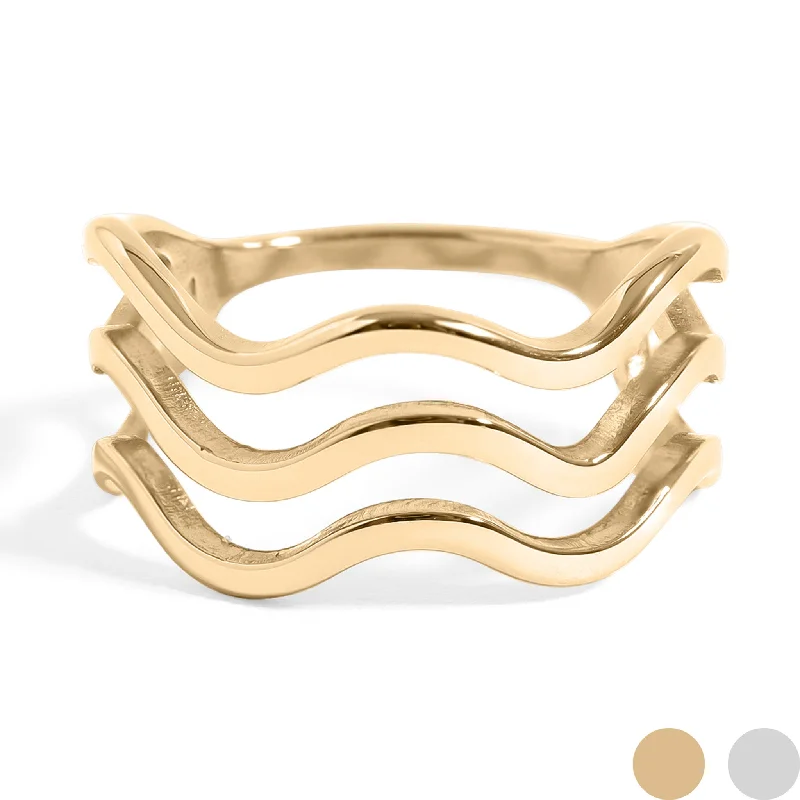 classic solitaire ladies ring-18K Gold PVD Stainless Steel Triple Wave Geometric Ring / KSS0005