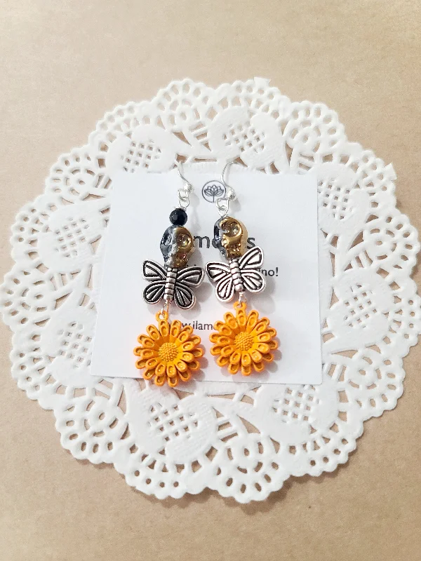 rose gold ladies earrings-Sugar Skull Butterfly Marigold Earrings