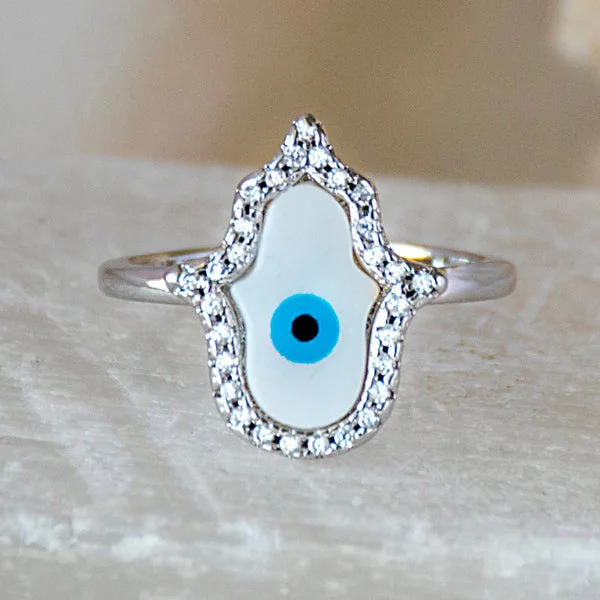 aquamarine ladies ring-Hamsa Studded Evil Eye Ring