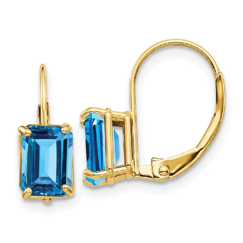 casual chic ladies earrings-14k 7x5mm Emerald Cut Blue Topaz Leverback Earrings