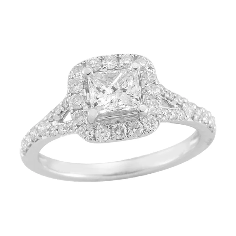 bezel-set ladies engagement rings-14K White Gold 0.53Ct Princess Diamond Split Shank Halo Engagement Ring