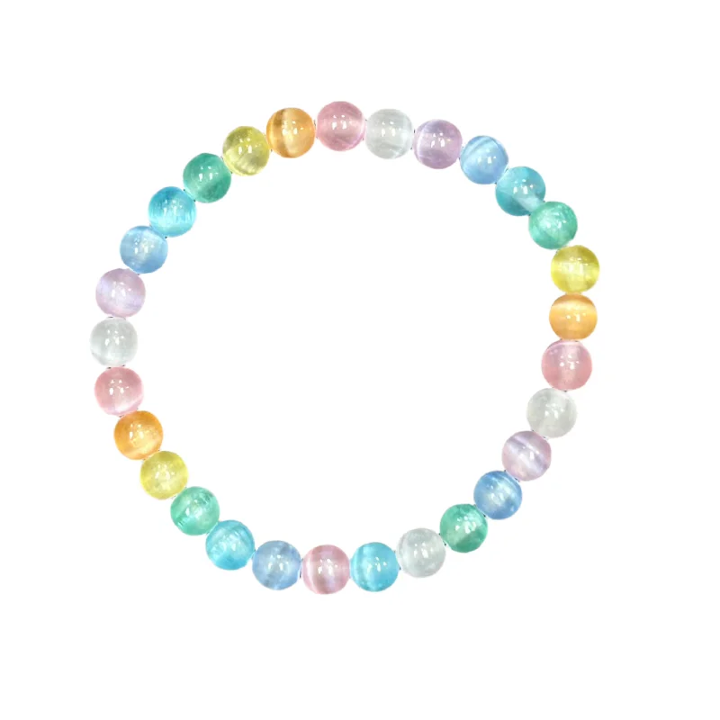 bohemian-style ladies bracelets & bangles-Pastel Rainbow Sixlets Selenite 6mm Bracelet