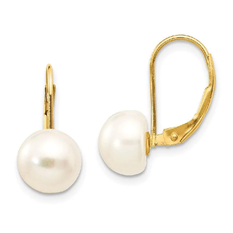 diamond cluster ladies earrings-14K 8-9mm White Button Freshwater Cultured Pearl Leverback Earrings