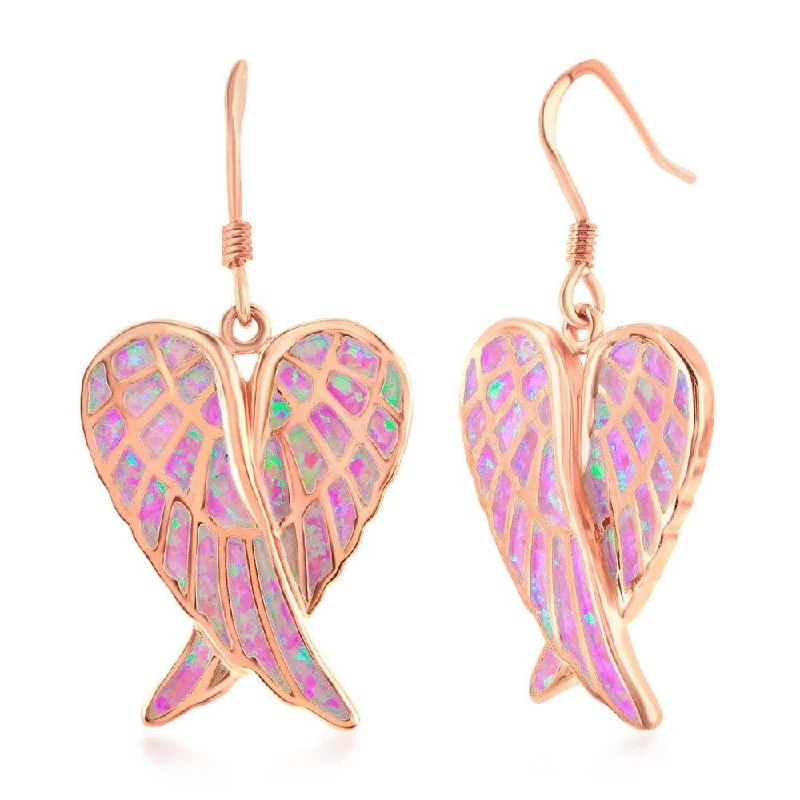 infinity loop ladies earrings-Sterling Silver Pink Inlay Opal Angel Wings Earrings - Rose Gold Plated