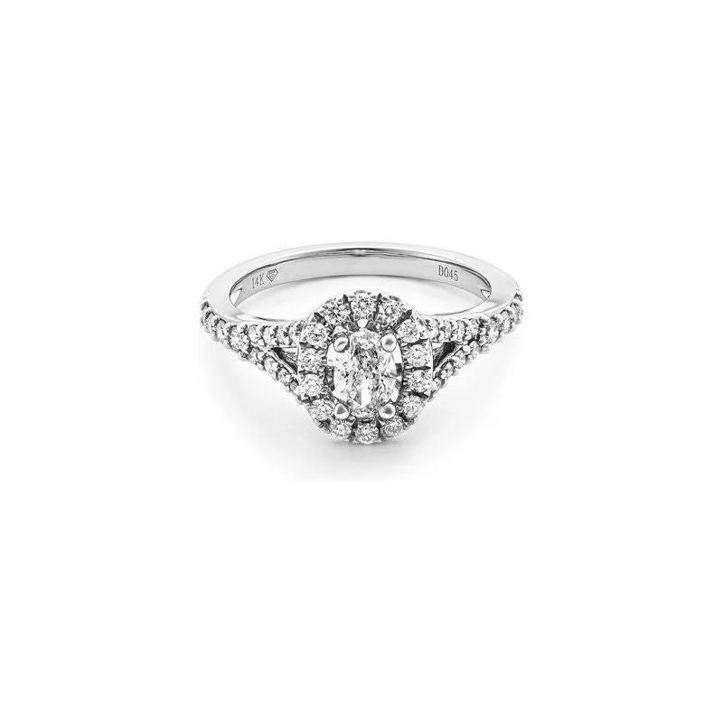 radiant-cut ladies engagement rings-14k White Gold Diamond Split Shank Halo Engagement Ring