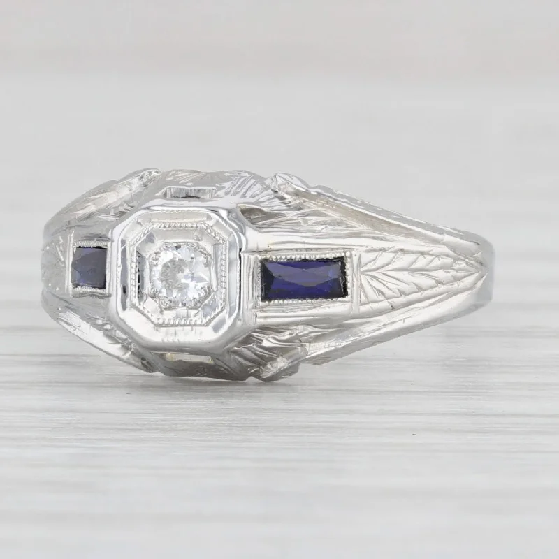 tension set ladies engagement rings-Art Deco Diamond Lab Created Sapphire Ring 18k White Gold Engagement Size 9.25