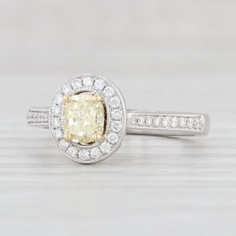 three-stone ladies engagement rings-0.98ctw Yellow White Diamond Halo Engagement Ring 18k White Yellow Gold Size 6.5