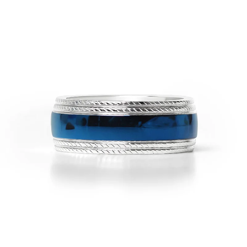 anniversary ladies ring-Blue Center With Lined Patterned Edge Stainless Steel Ring / CFR7003