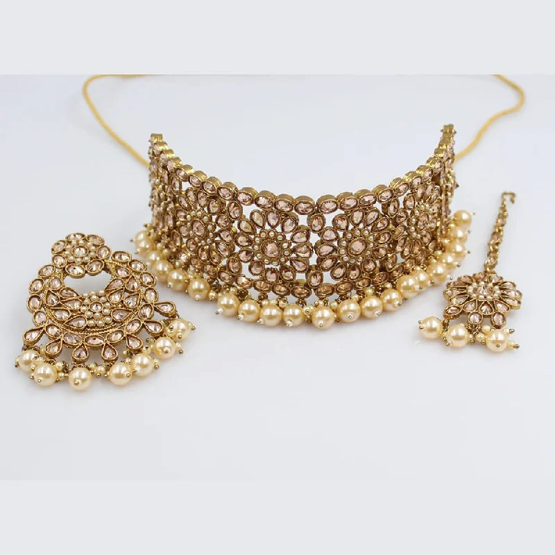 celestial-inspired ladies necklace-Rani Sati Jewels Gold Plated Crystal Stone Choker Necklace Set