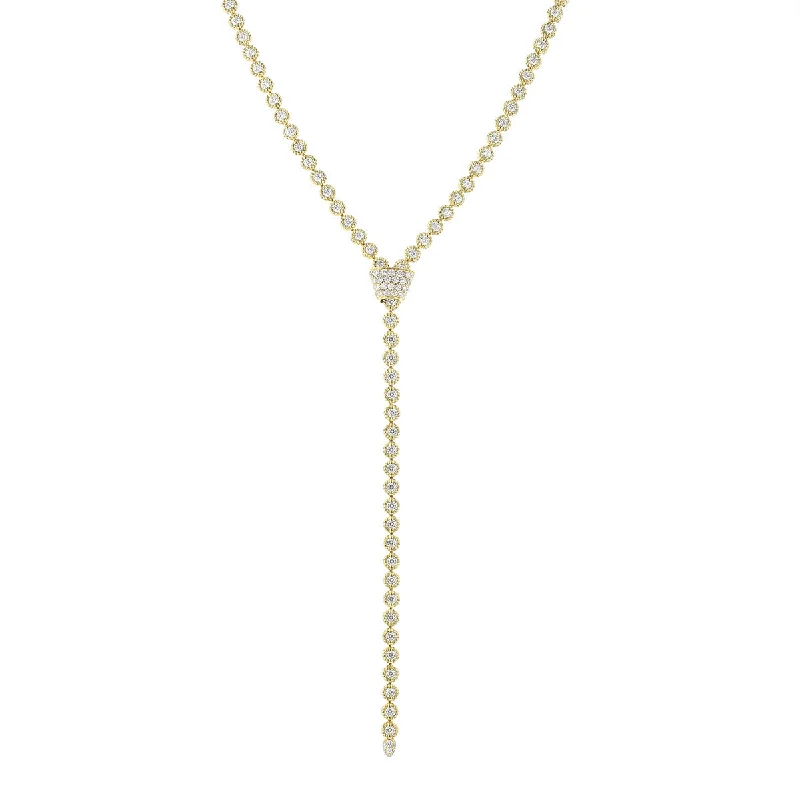 antique-style ladies necklace-18K Yellow Gold Zipper Diamond Long Necklace