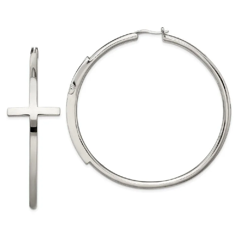 drop ladies earrings-Stainless Steel Polished Large Cross Hoop Earrings