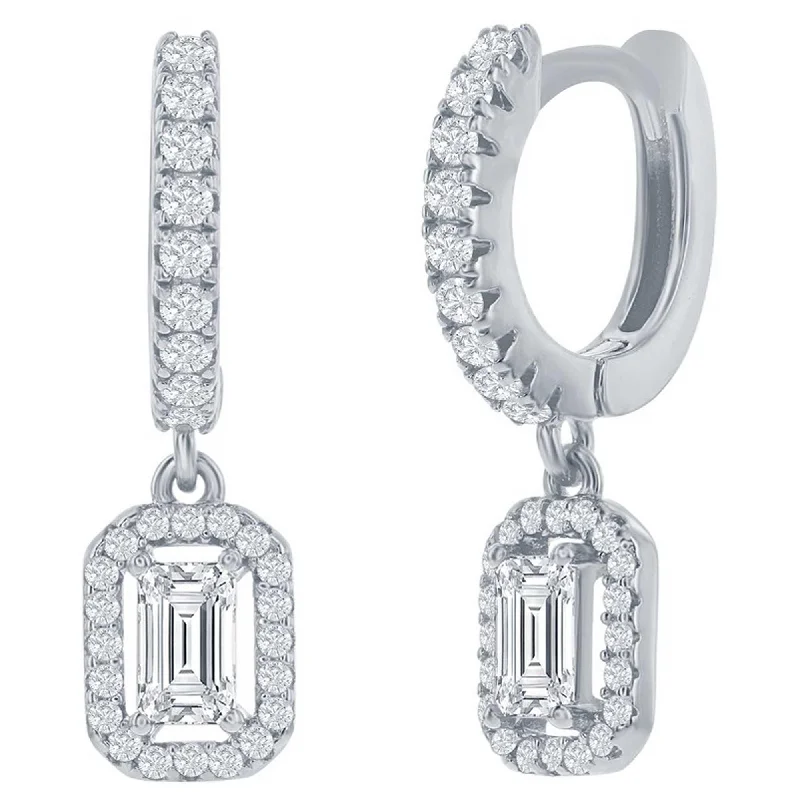 gothic-style ladies earrings-Classic Women's Earrings - Sterling Silver Rectangle CZ Huggie Hoop | D-8217