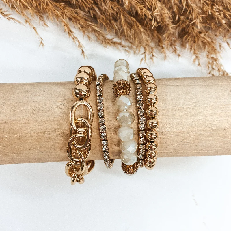 beaded ladies bracelets & bangles-Set of Five | Crystal and Chain Beaded Bracelets in Gold and Ivory