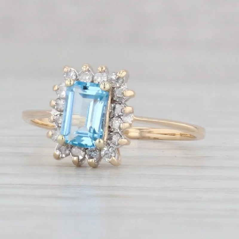 birthstone ladies engagement rings-0.84ctw Emerald Cut Blue Topaz Diamond Halo Ring 14k Gold Size 5.5 Engagement