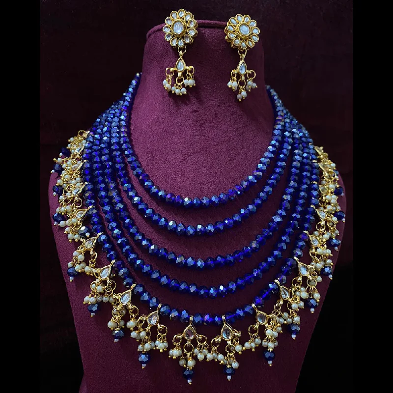 sapphire ladies necklace-Shagna Gold Plated Crystal Stone Pearl And Beads Multi Layer Necklace Set