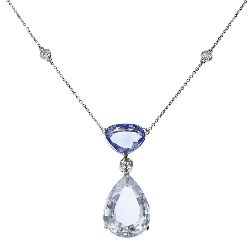 birthstone ladies necklace-White and Blue Sapphire Pendant Necklace