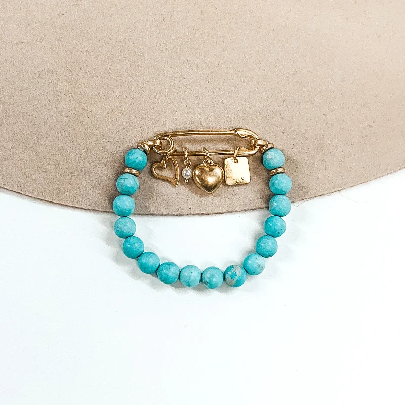 angel wings ladies bracelets & bangles-Safety Pin Beaded Bracelet with Gold Charms in Turquoise