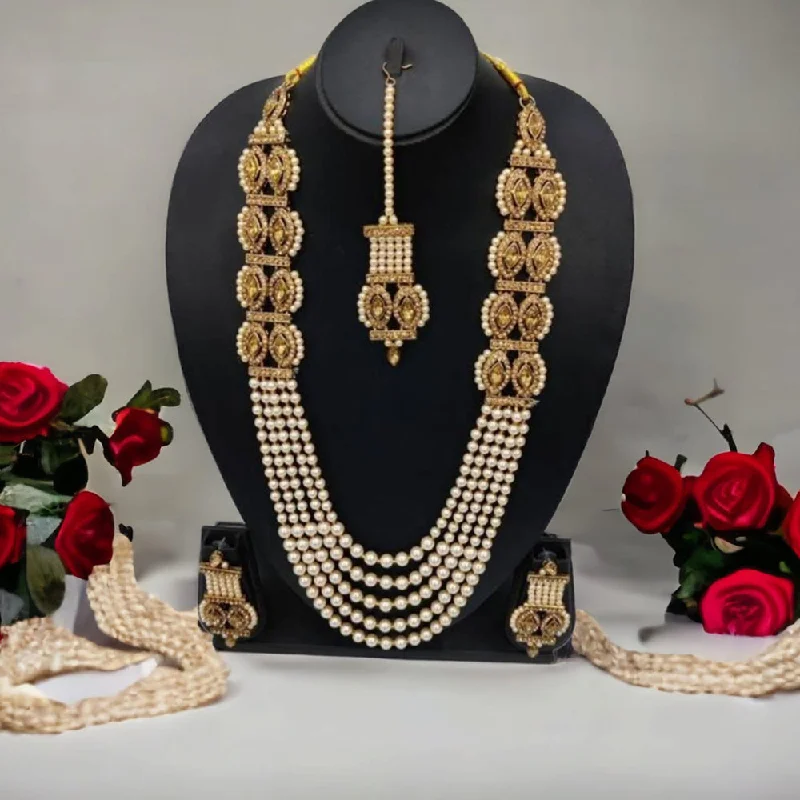 timeless elegance ladies necklace-Naitika Art Gold Plated Austrian Stone And Beads Long Necklace Set