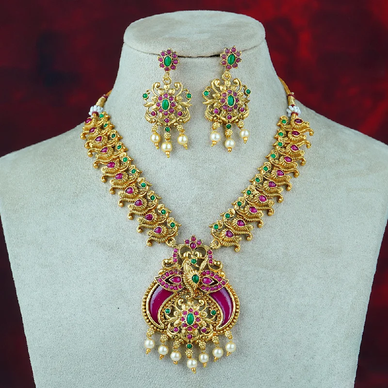 red garnet ladies necklace-Diksha Collection Gold Plated Pota Stone Necklace Set