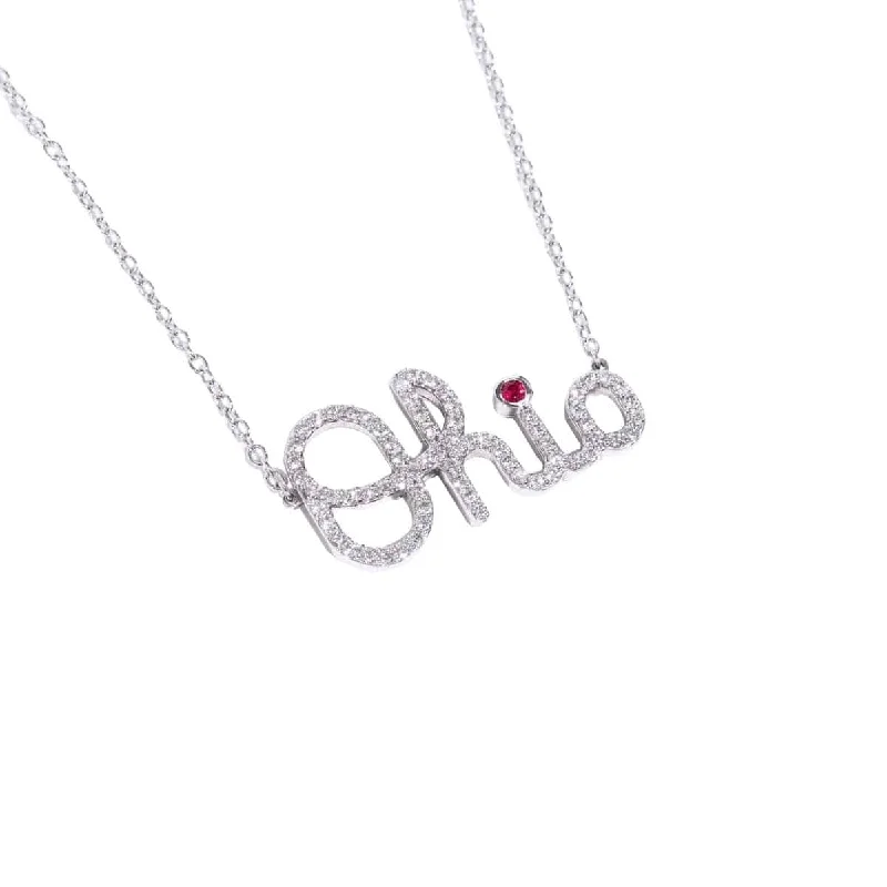 trendy fashion ladies necklace-OSU Diamond Script Ohio Necklace with Ruby Accent