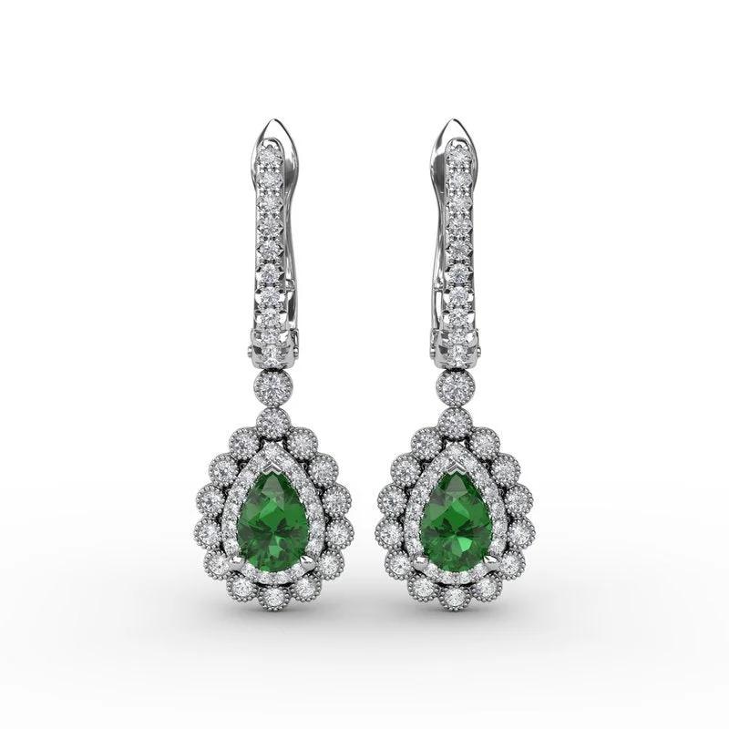 ruby ladies earrings-Pear-Shaped Emerald and Diamond Earrings ER1767E