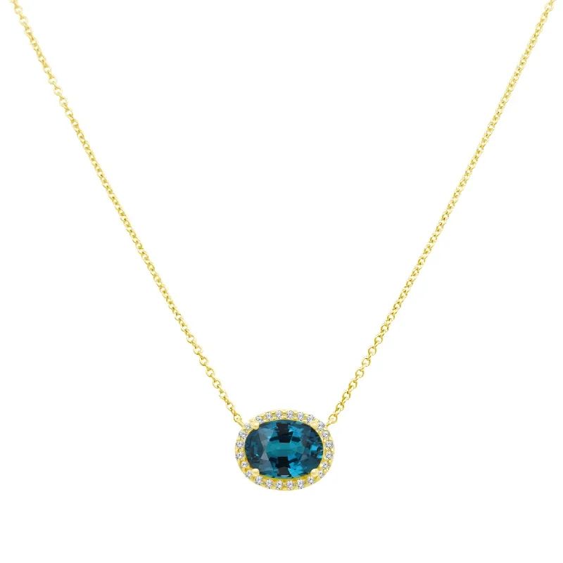 locket ladies necklace-Oval Gemstone & Diamond Halo Necklace