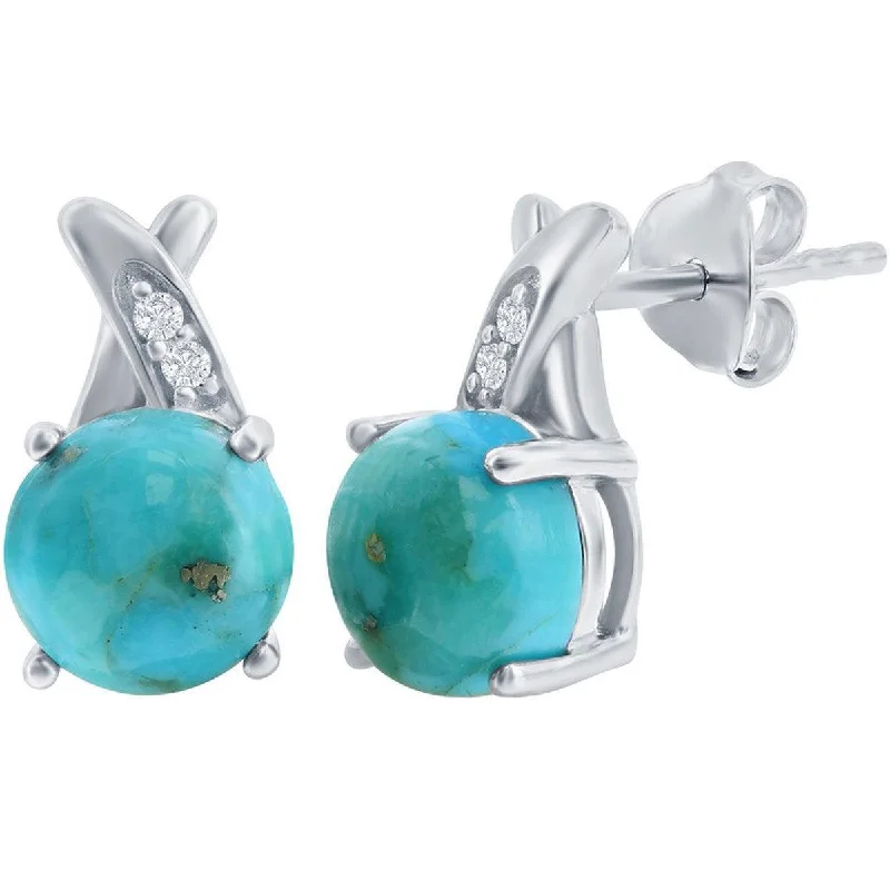 gothic-style ladies earrings-Classic Women's Earrings - Sterling Silver Round Turquoise with White Topaz | D-8117