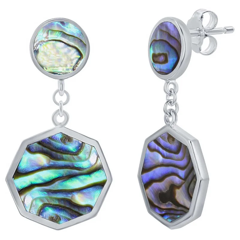 onyx stone ladies earrings-Classic Women's Earrings - Sterling Silver Abalone Round and Hexagon | D-7810