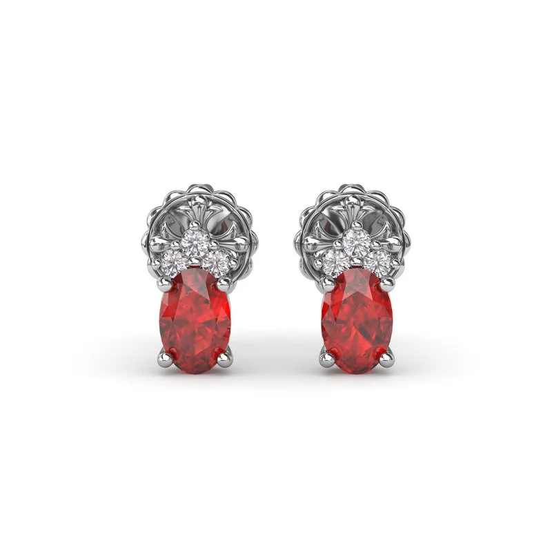 floral design ladies earrings-Oval Ruby and Diamond Stud Earrings ER1857R