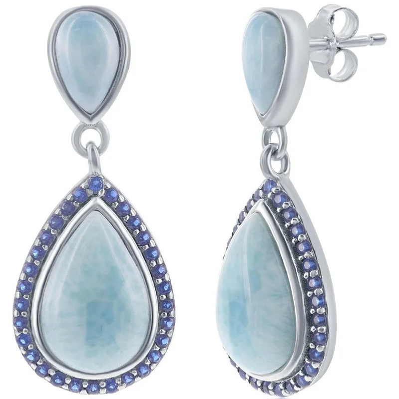 shell pearl ladies earrings-Caribbean Treasures Women's Earrings - Double Pearshaped Blue Larimar and CZ | D-7740