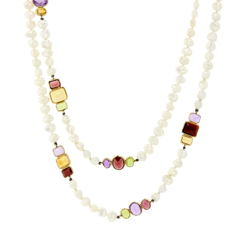 opal stone ladies necklace-14K Yellow Gold Freshwater Pearl and Semi-Precious Stone Necklace