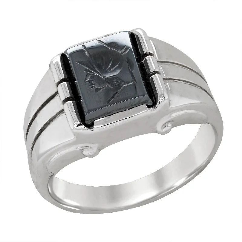 stackable ladies ring-WHITE GOLD MENS INTAGLIO HEMATITE RING