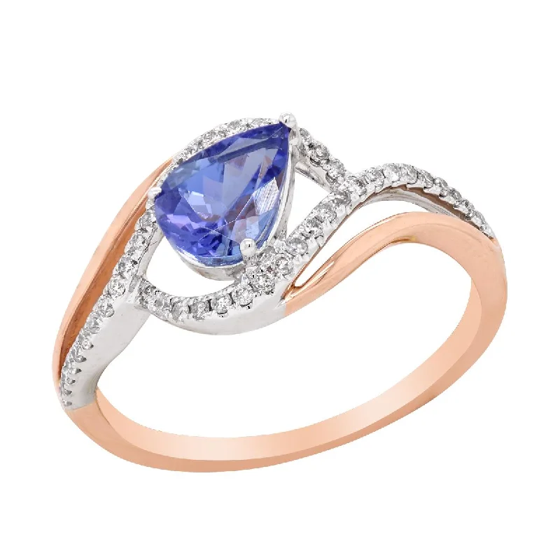 engraved initial ladies ring-MODERN TWO-TONE GOLD BYPASS STYLE FASHION RING WITH TANZANITE AND DIAMONDS, .18 CT TW