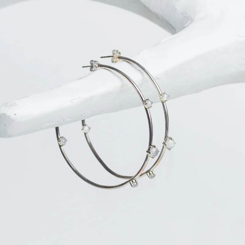 pearl ladies earrings-MELINA OPAL -  SILVER HOOP EARRINGS