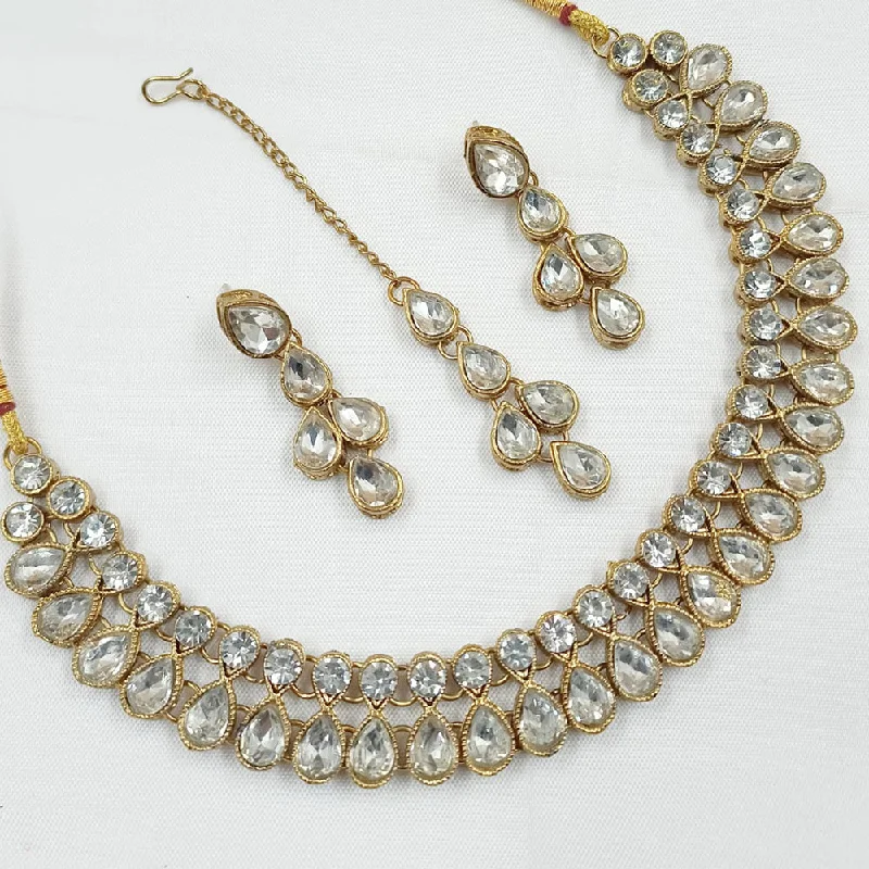 yellow gold delicate ladies necklace-Padmawati Bangles Gold Plated Crystal Stone Necklace Set