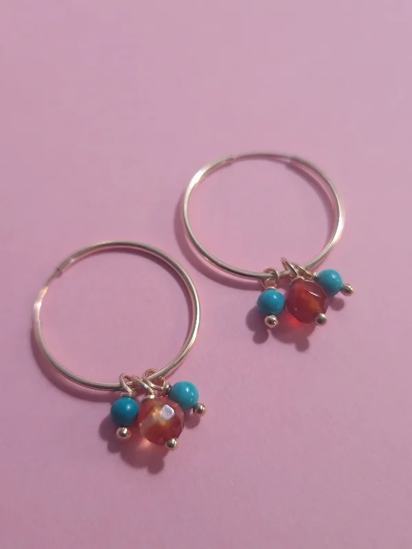 oval-cut ladies earrings-Turquoise Carnelian 14kt GF Hoop Earrings