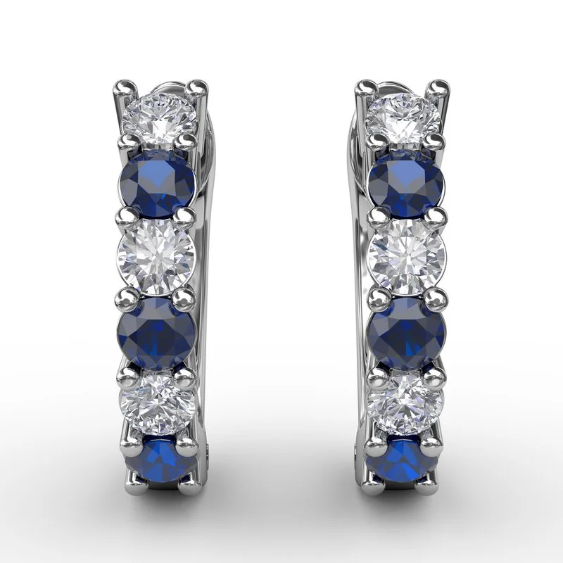 three-layer chain ladies earrings-Shared Prong Sapphire And Diamond Hoop Earrings ER1494S