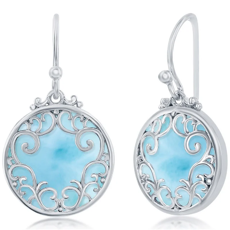 dragonfly charm ladies earrings-Caribbean Treasures Women's Earrings - Silver Round Larimar Filigree Design | D-7873