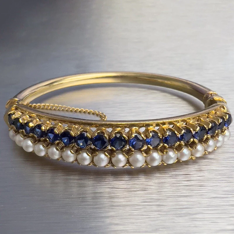 emerald ladies bracelets & bangles-Antique Victorian 14k Yellow Gold Pearl Sapphire Hinged Bangle Bracelet 6.5"