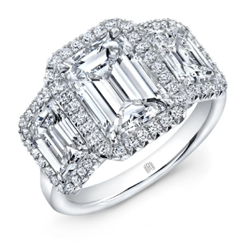 handcrafted ladies engagement rings-18K White Gold 1.01Ct Emerald Cut Diamond Three Stone Halo Engagement Ring