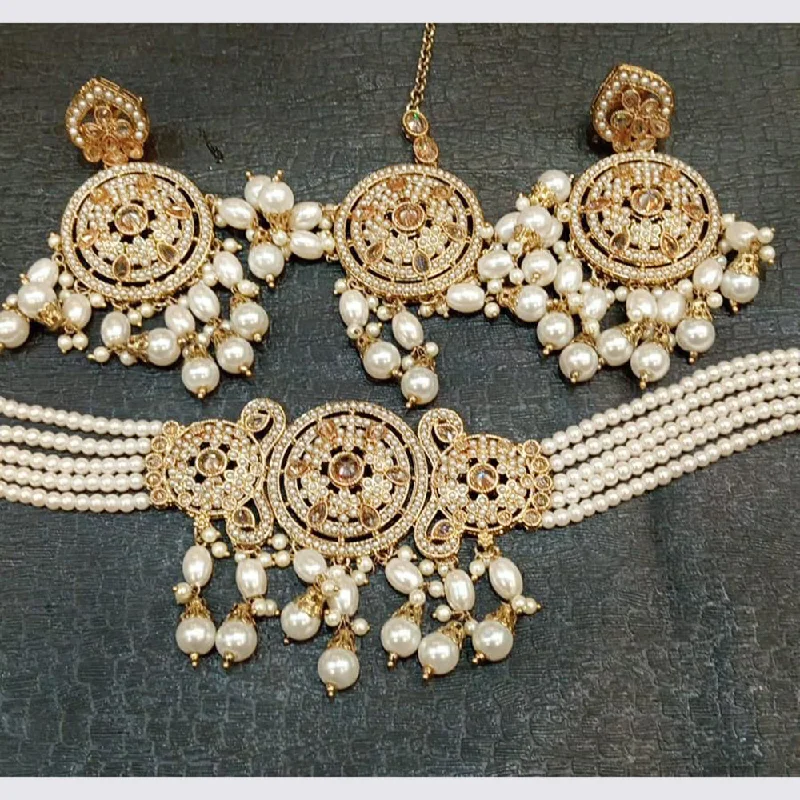 antique-style ladies necklace-JCM Jewellery Gold Plated Crystal Stone And Pearl  Choker Necklace Set