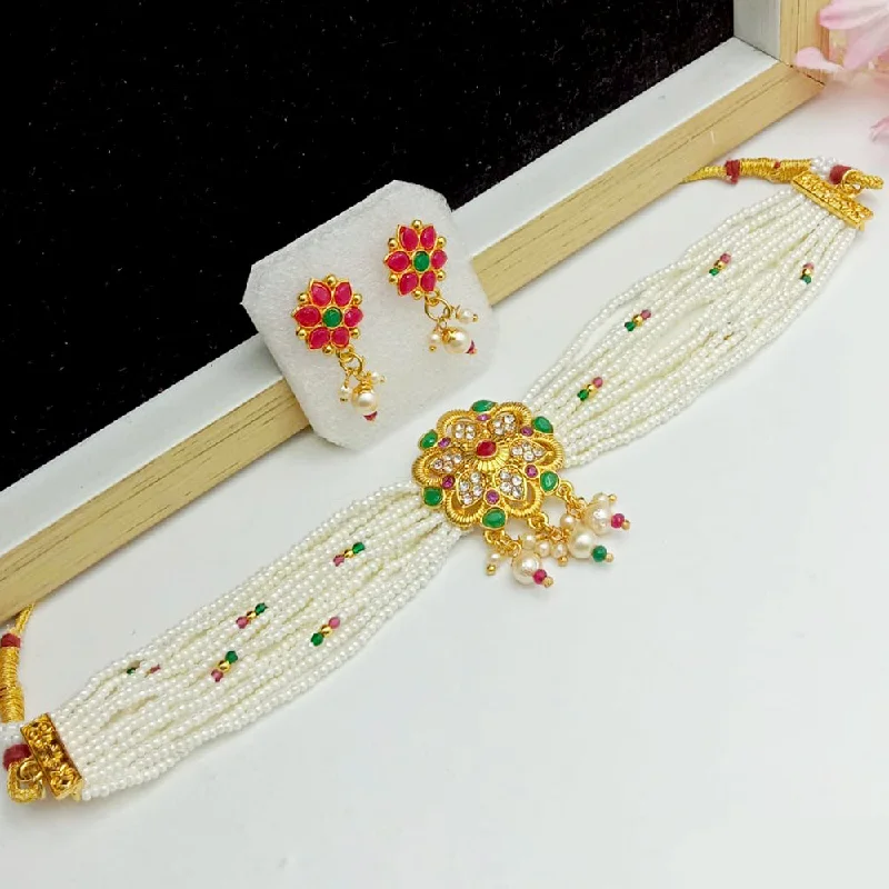 gemstone ladies necklace-SP Jewellery Gold Plated Kundan And Pearl Choker Necklace Set