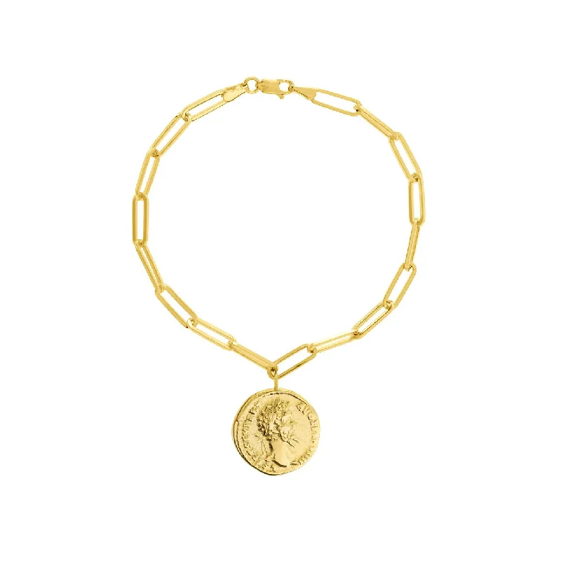 designer luxury ladies bracelets & bangles-14K Yellow Gold Coin Bracelet on Paperclip Style Bracelet