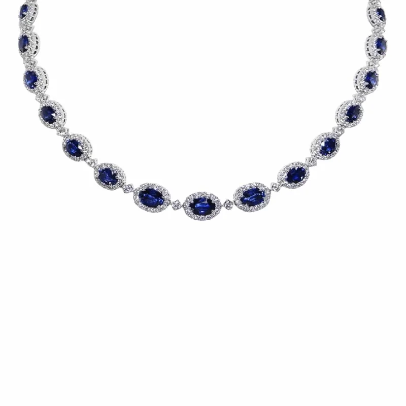 three-layer chain ladies necklace-Sri Lanka Blue Sapphire & Diamond Graduated Halo Necklace