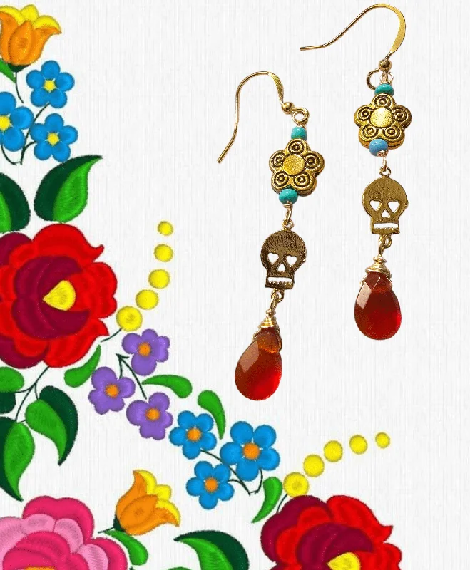 silver ladies earrings-Xochitl Skull Carnelian Earrings