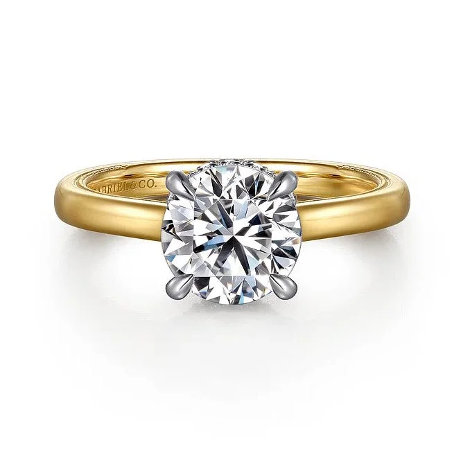 antique finish ladies engagement rings-Gabriel " Sandi" 14K White-Yellow Gold Solitaire Diamond Collar Engagement Ring