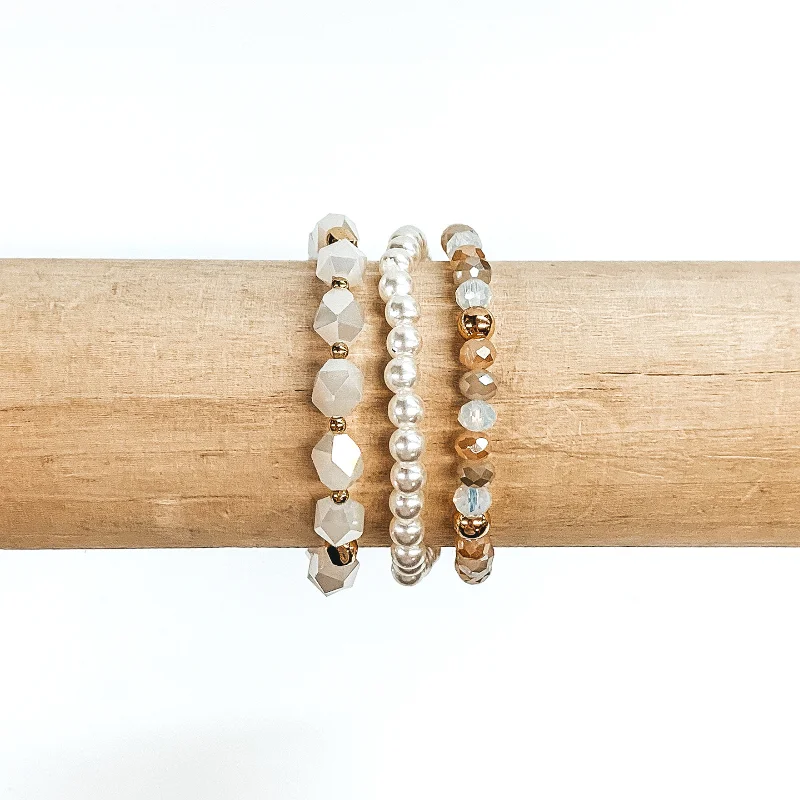 minimalist circle ladies bracelets & bangles-Crystal and Pearl Beaded Bracelet Set in White