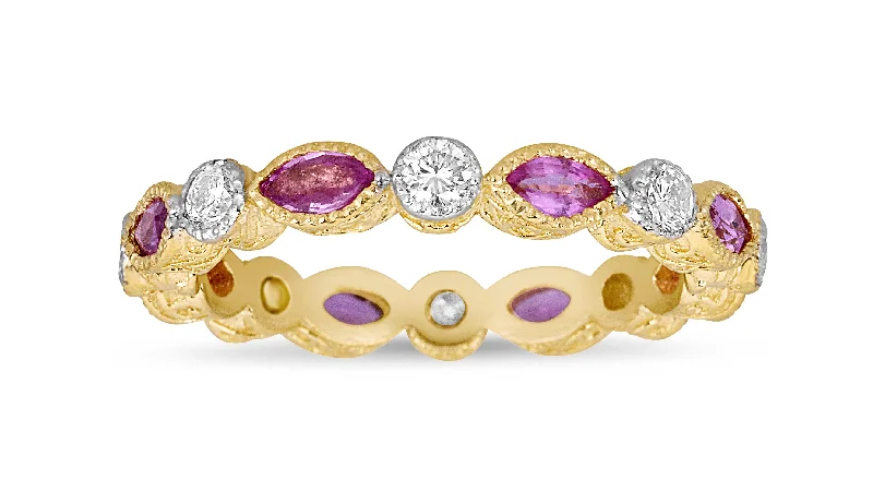 halo setting ladies ring-Marquise Pink Sapphire & Round Diamond Bezel Stack Ring