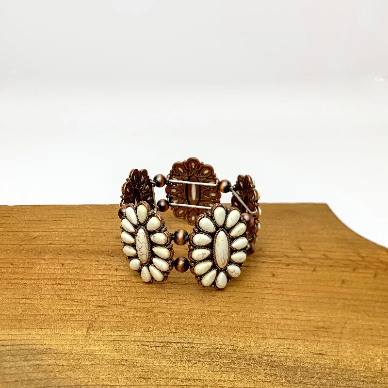 platinum ladies bracelets & bangles-Western Concho Copper Tone Stretchy Bracelet in Ivory