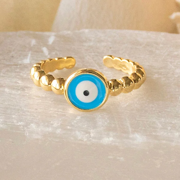 push-lock ladies ring-Sky Blue Round Evil Eye Ring